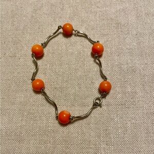 Vintage Orange Bead Bracelet | Curved Silver-Tone Links